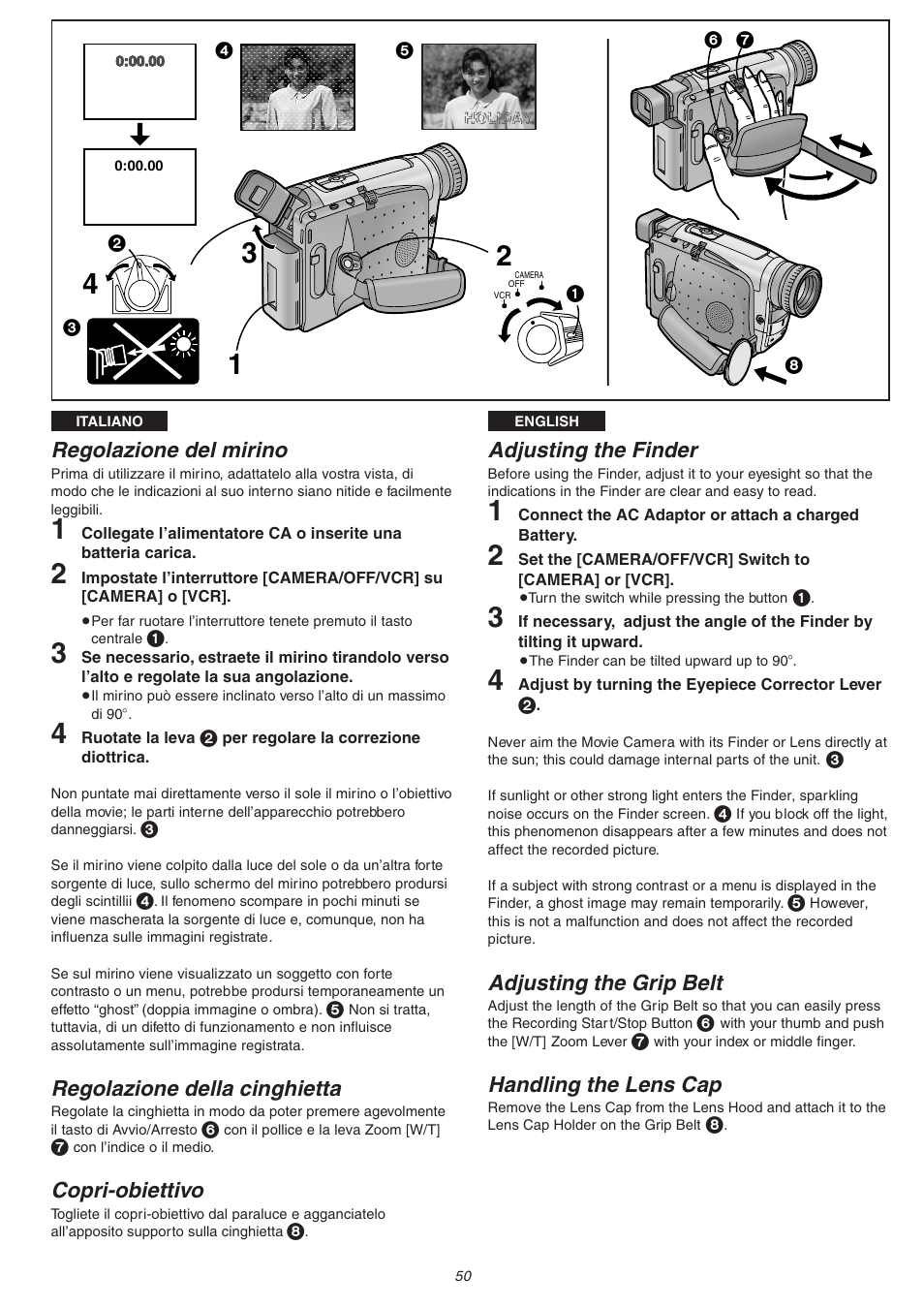 Adjusting the finder, Adjusting the grip belt, Handling the lens cap | Regolazione del mirino, Regolazione della cinghietta, Copri-obiettivo | Panasonic NVVS4EG User Manual | Page 50 / 188