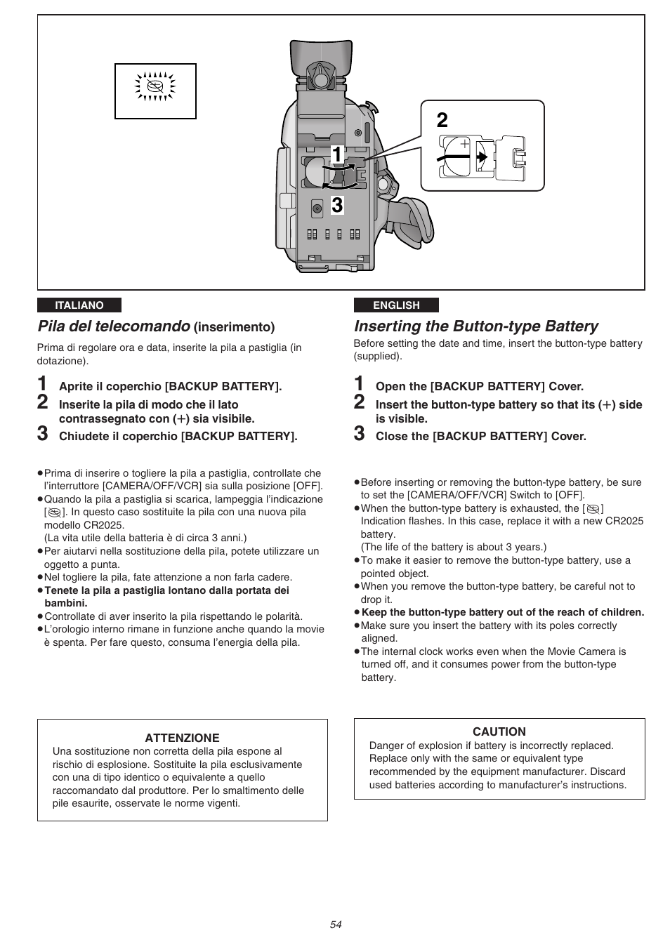 Pila del telecomando, Inserting the button-type battery | Panasonic NVVS4EG User Manual | Page 54 / 188