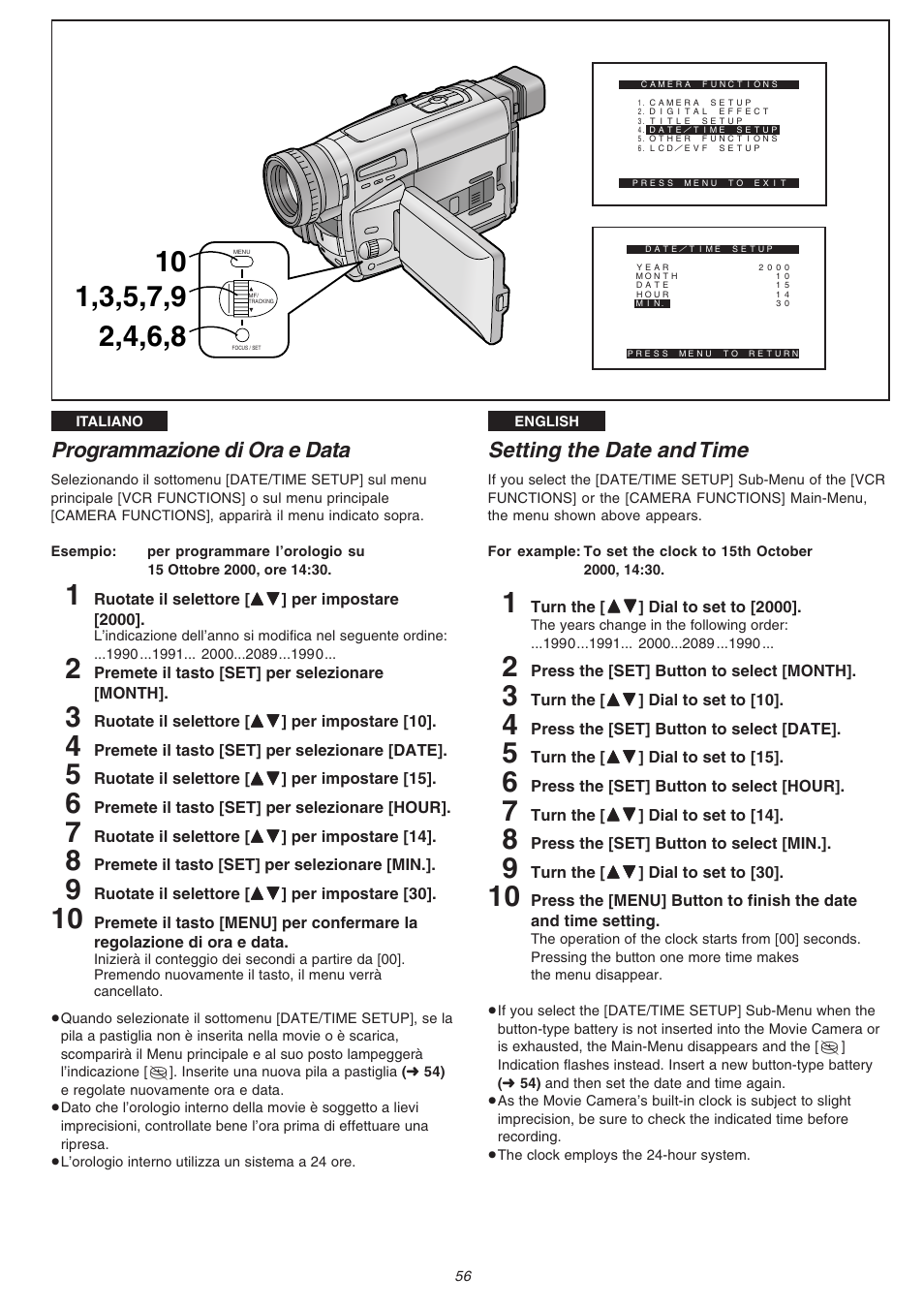 Programmazione di ora e data, Setting the date and time | Panasonic NVVS4EG User Manual | Page 56 / 188
