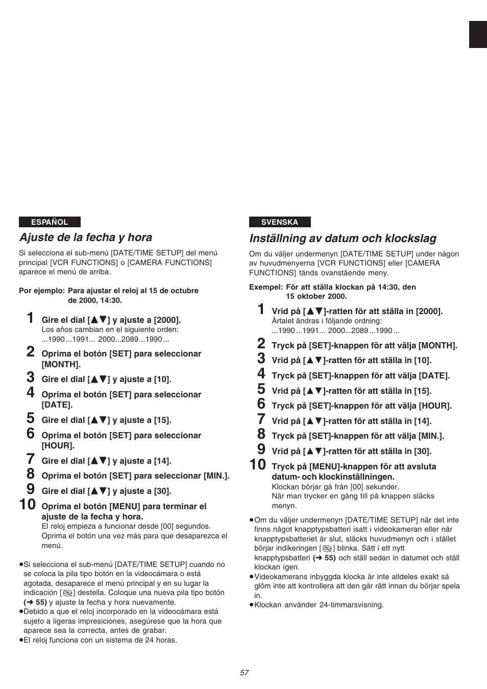 Ajuste de la fecha y hora, Inställning av datum och klockslag | Panasonic NVVS4EG User Manual | Page 57 / 188