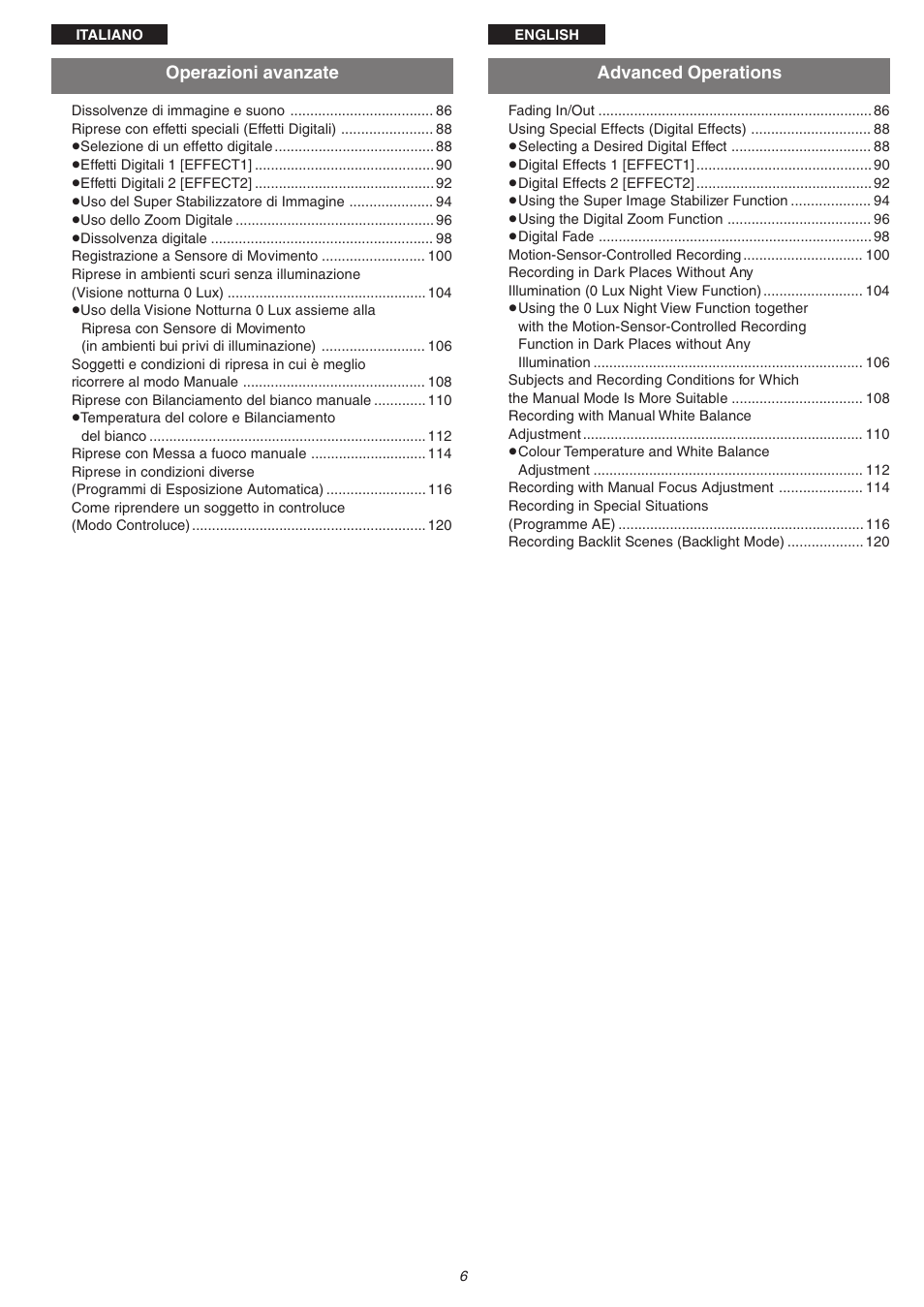 Operazioni avanzate, Advanced operations | Panasonic NVVS4EG User Manual | Page 6 / 188