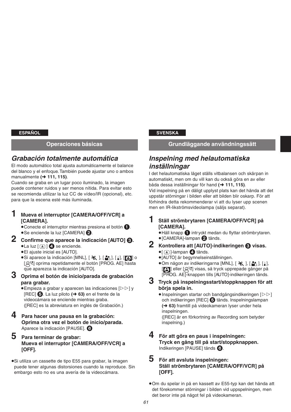 Grabación totalmente automática, Inspelning med helautomatiska inställningar | Panasonic NVVS4EG User Manual | Page 61 / 188