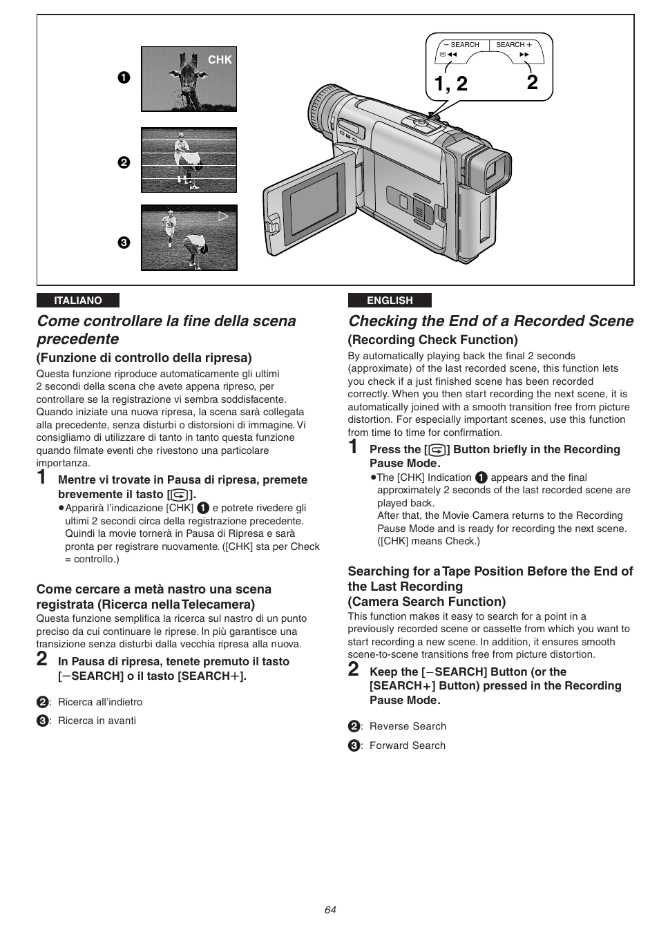 Checking the end of a recorded scene, Come controllare la fine della scena precedente | Panasonic NVVS4EG User Manual | Page 64 / 188