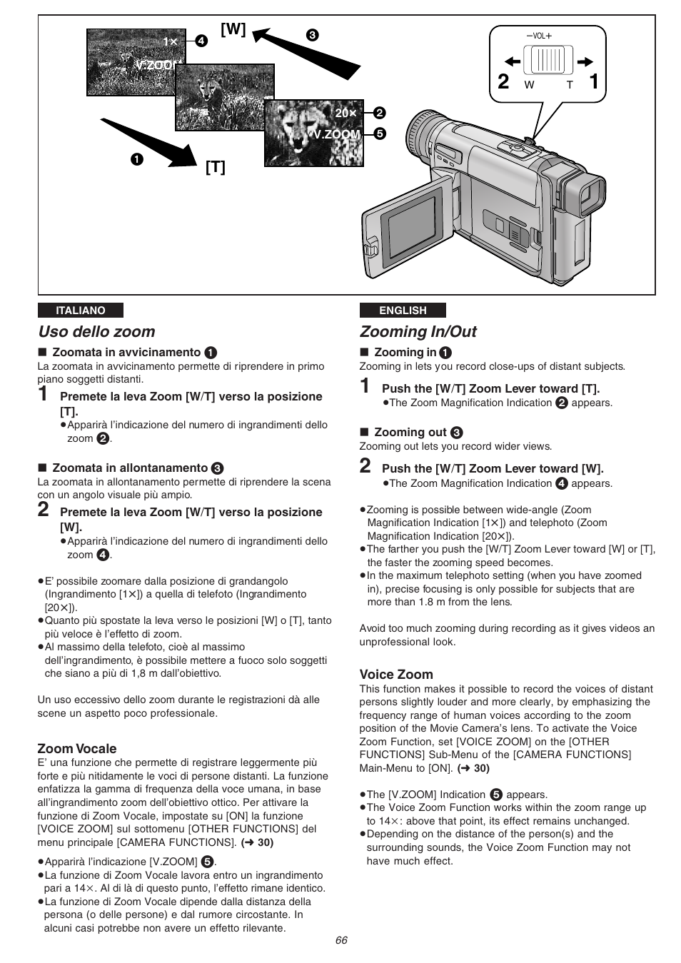 W] [t, Uso dello zoom, Zooming in/out | Panasonic NVVS4EG User Manual | Page 66 / 188