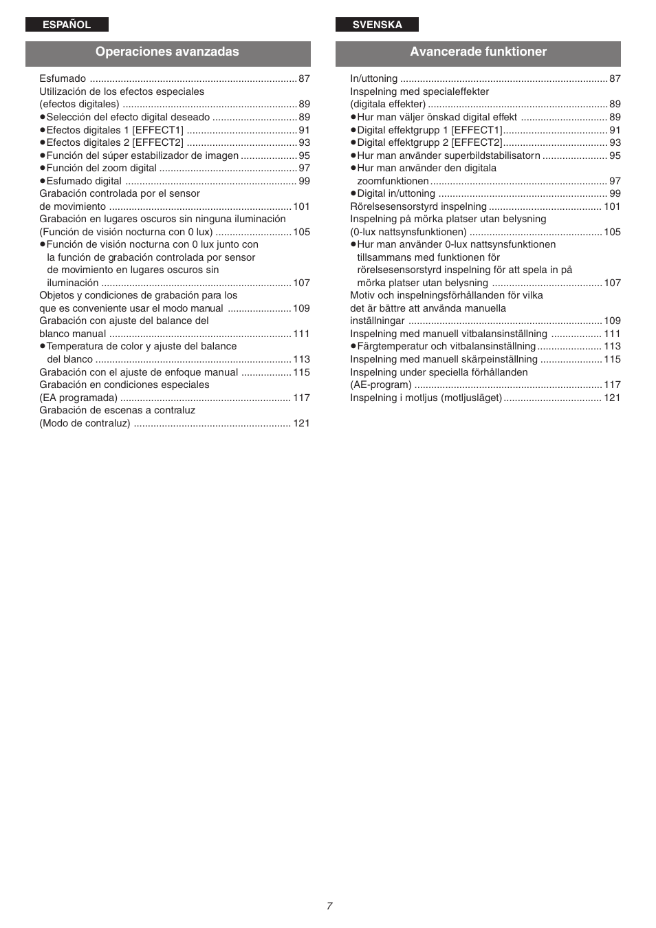 Operaciones avanzadas, Avancerade funktioner | Panasonic NVVS4EG User Manual | Page 7 / 188