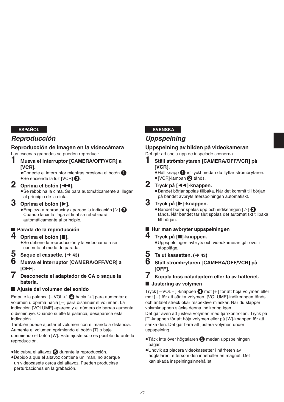Reproducción, Uppspelning | Panasonic NVVS4EG User Manual | Page 71 / 188