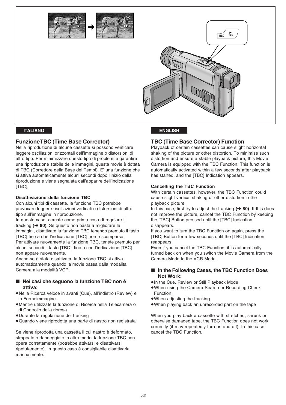 Funzione tbc (time base corrector), Tbc (time base corrector) function | Panasonic NVVS4EG User Manual | Page 72 / 188