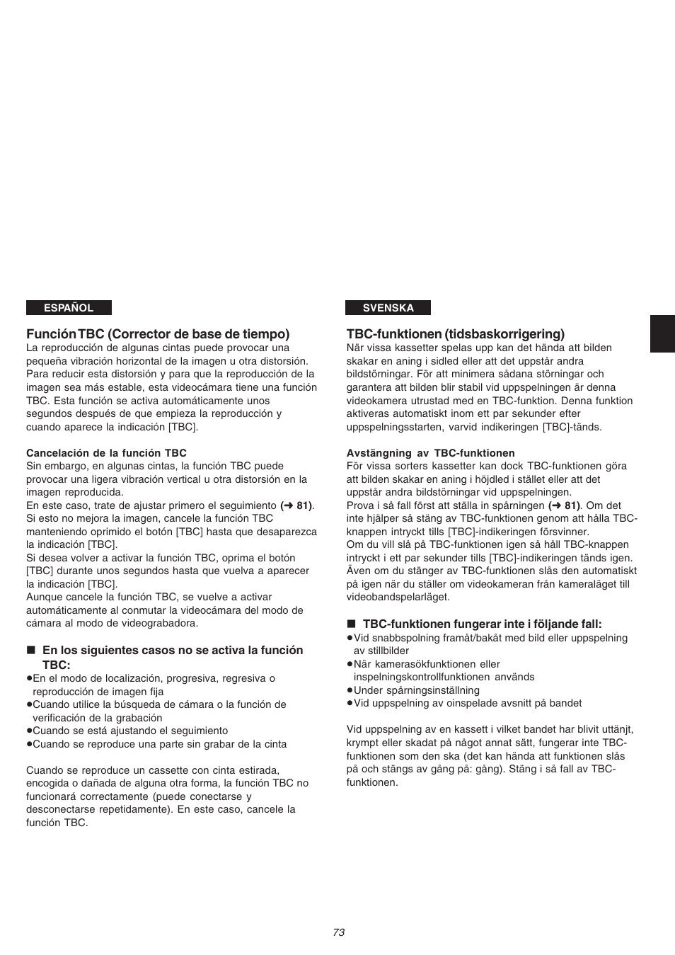 Función tbc (corrector de base de tiempo), Tbc-funktionen (tidsbaskorrigering) | Panasonic NVVS4EG User Manual | Page 73 / 188