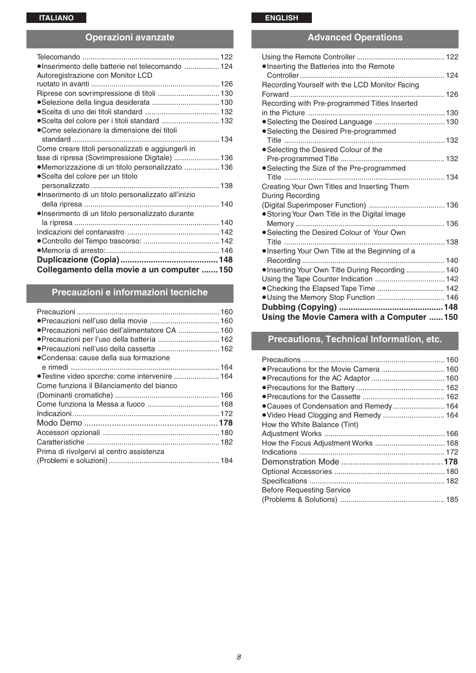 Advanced operations, Precautions, technical information, etc, Operazioni avanzate | Precauzioni e informazioni tecniche | Panasonic NVVS4EG User Manual | Page 8 / 188