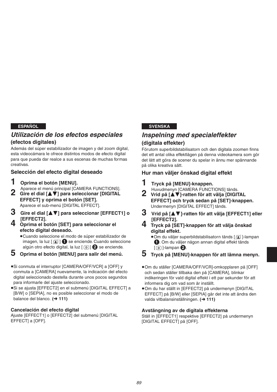Utilización de los efectos especiales, Inspelning med specialeffekter | Panasonic NVVS4EG User Manual | Page 89 / 188