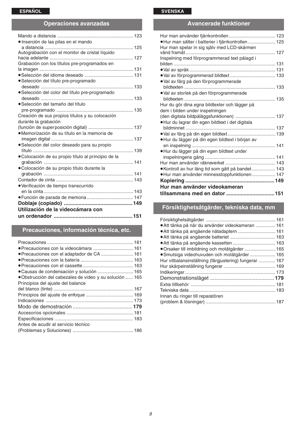 Operaciones avanzadas, Precauciones, información técnica, etc, Avancerade funktioner | Försiktighetsåtgärder, tekniska data, mm | Panasonic NVVS4EG User Manual | Page 9 / 188