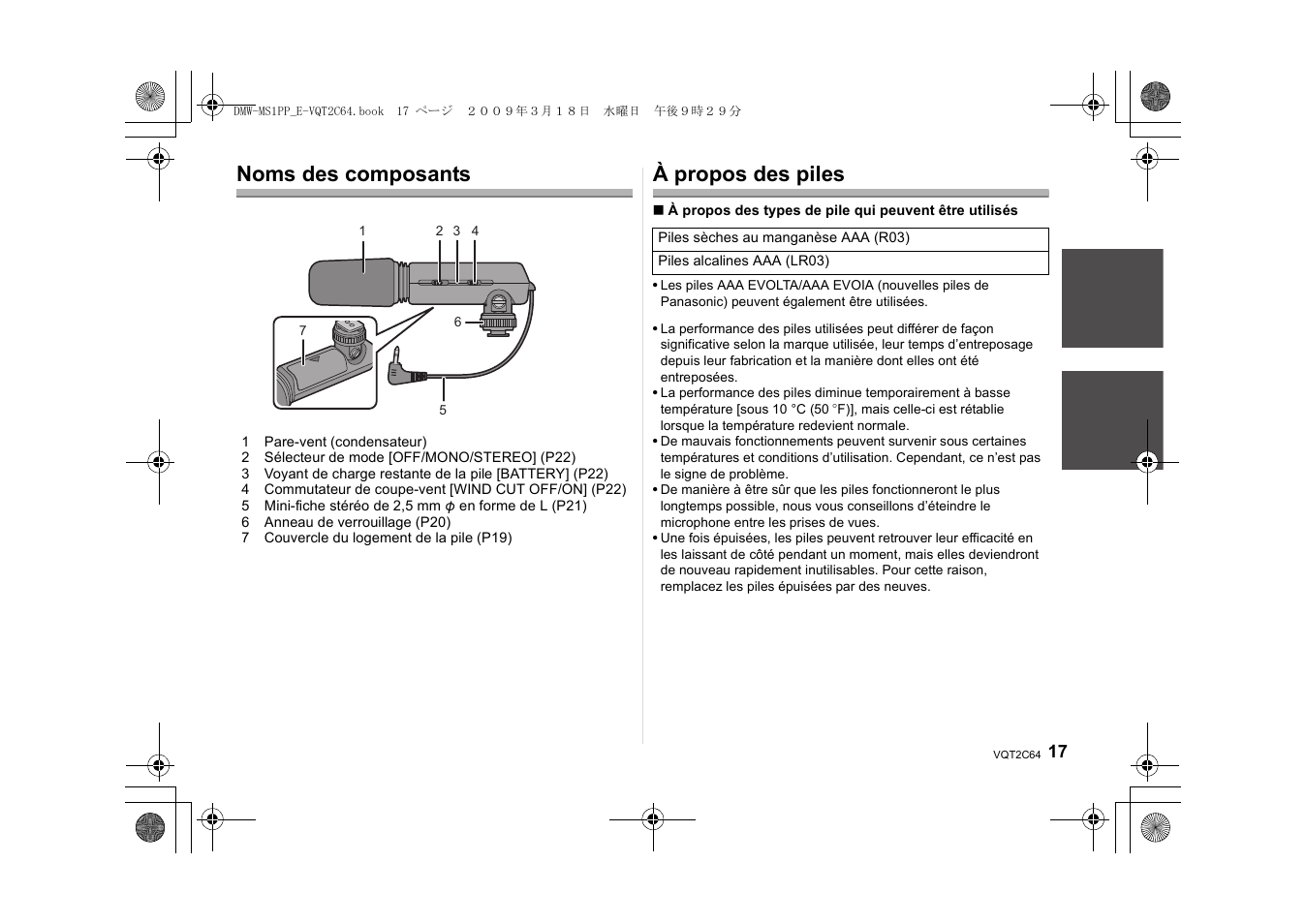 Noms des composants, À propos des piles | Panasonic DMWMS1E User Manual | Page 17 / 99