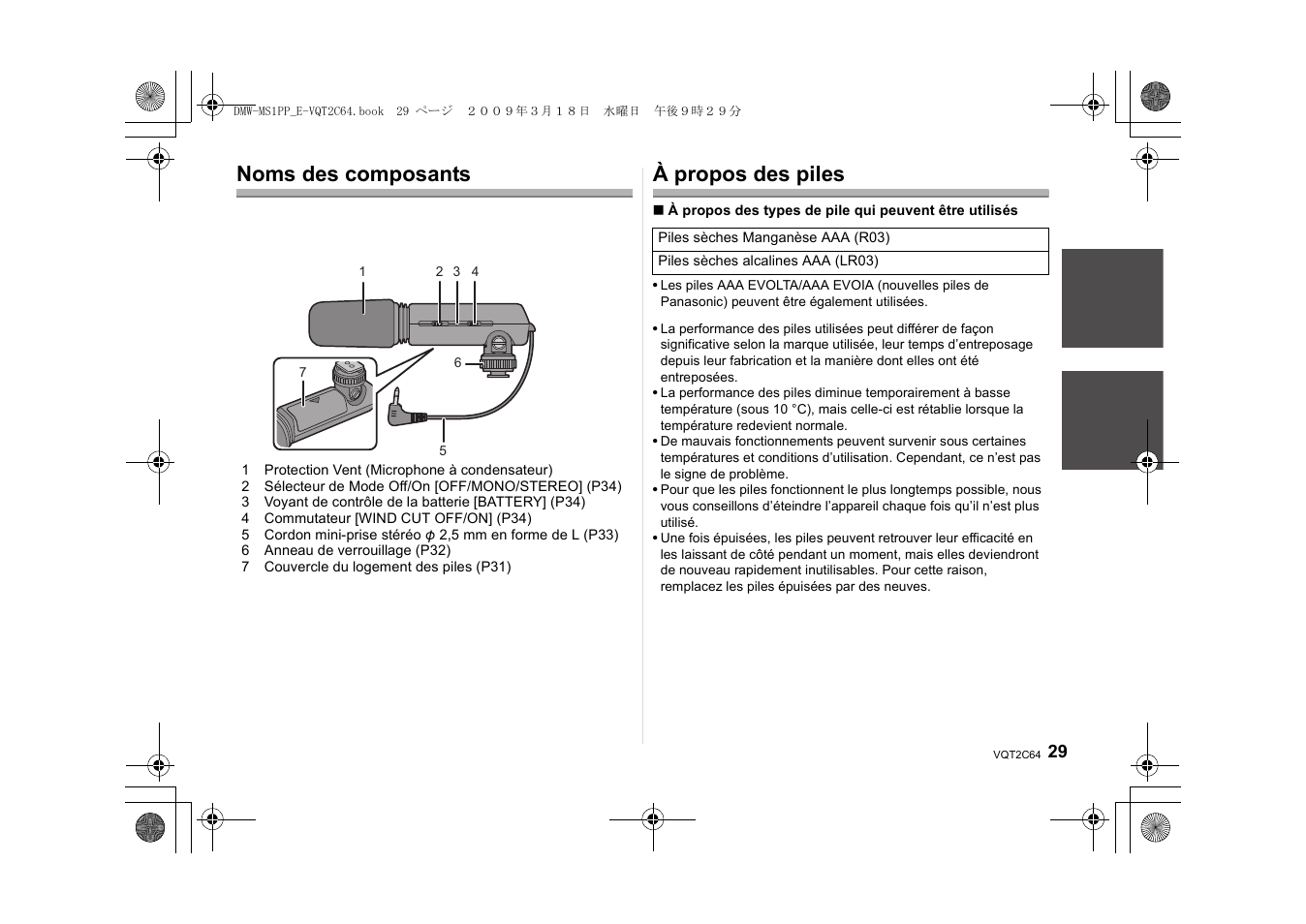 Noms des composants, À propos des piles | Panasonic DMWMS1E User Manual | Page 29 / 99