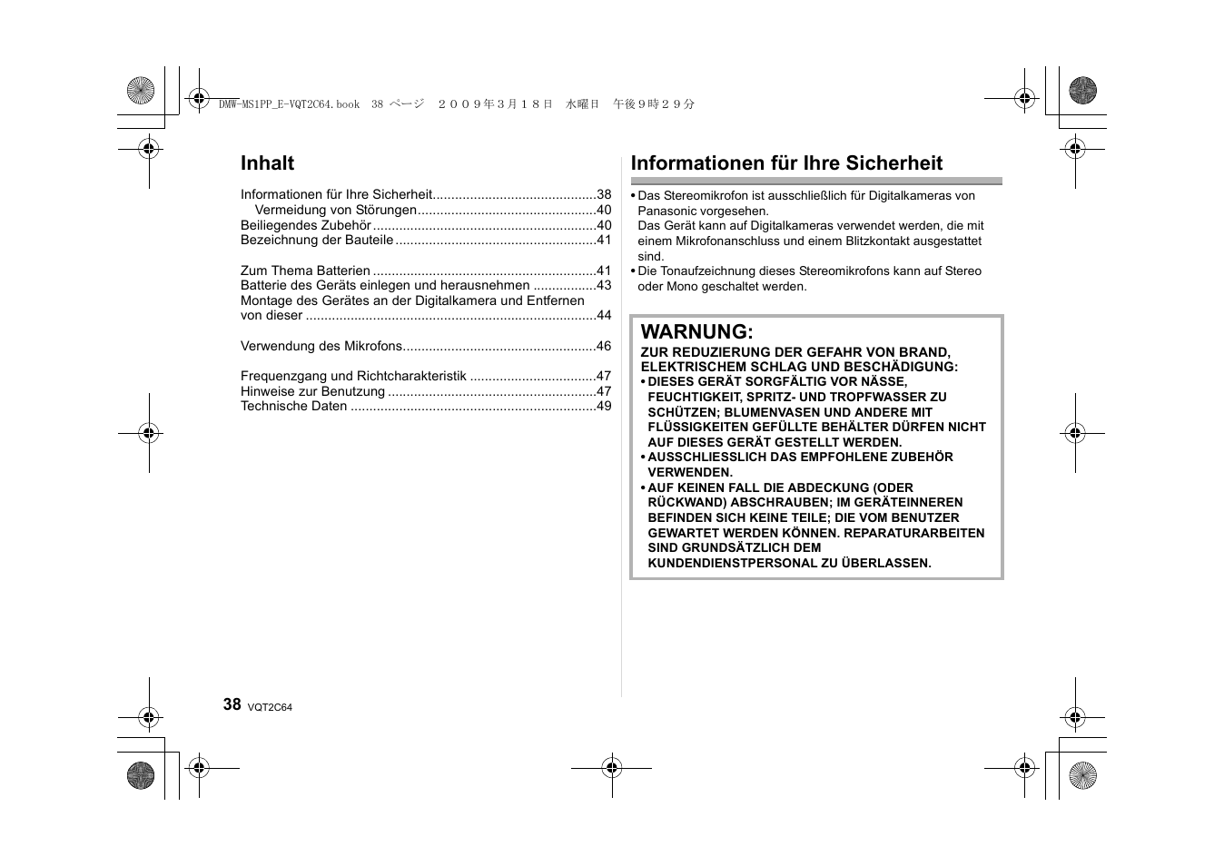 Inhalt, Informationen für ihre sicherheit, Warnung | Panasonic DMWMS1E User Manual | Page 38 / 99