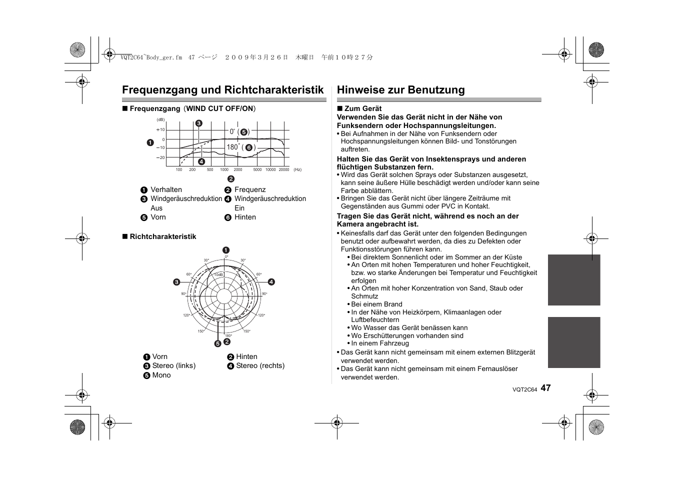 Frequenzgang und richtcharakteristik, Hinweise zur benutzung | Panasonic DMWMS1E User Manual | Page 47 / 99