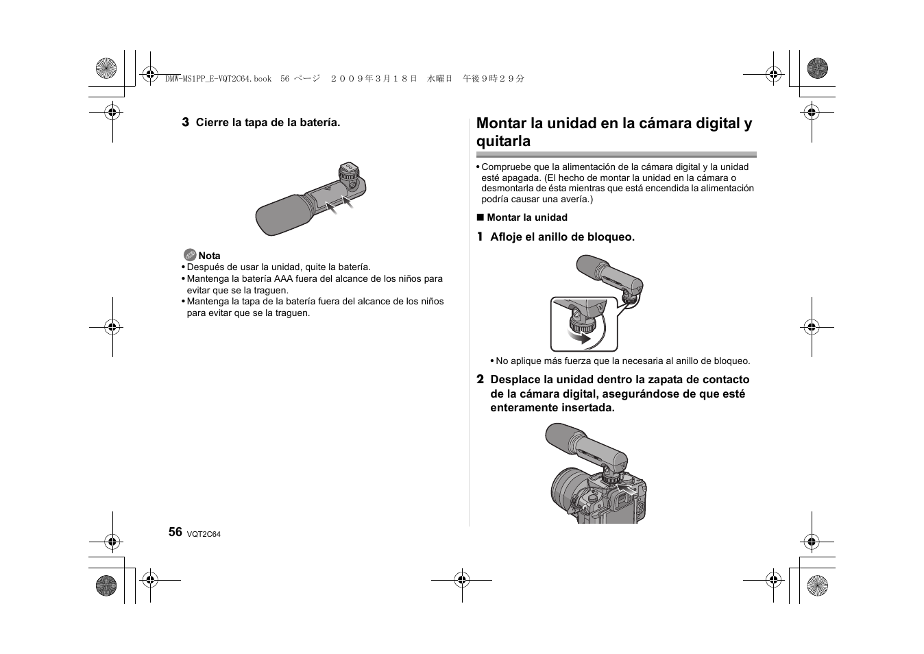 Montar la unidad en la cámara digital y quitarla | Panasonic DMWMS1E User Manual | Page 56 / 99