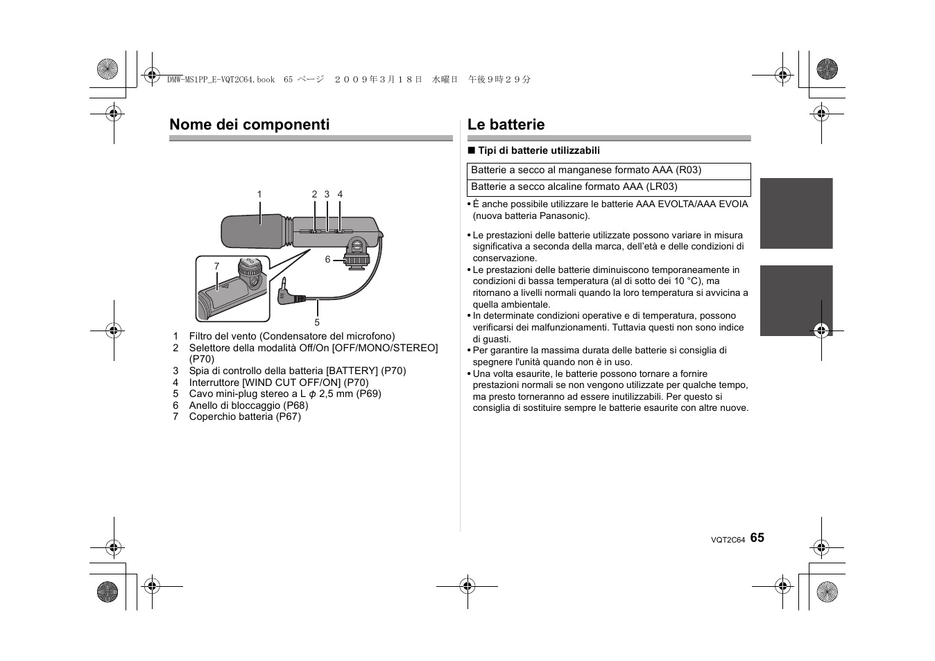 Nome dei componenti, Le batterie | Panasonic DMWMS1E User Manual | Page 65 / 99