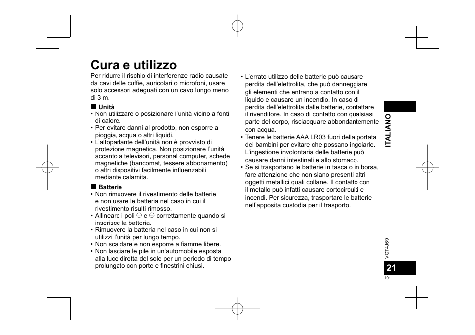 Cura e utilizzo | Panasonic RRXS350E User Manual | Page 101 / 178