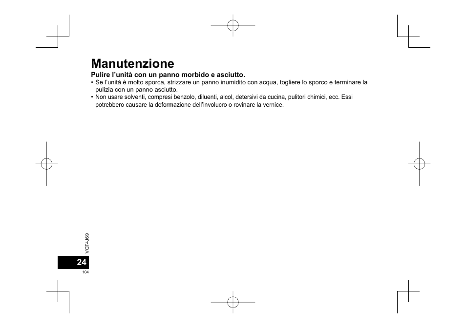 Manutenzione | Panasonic RRXS350E User Manual | Page 104 / 178