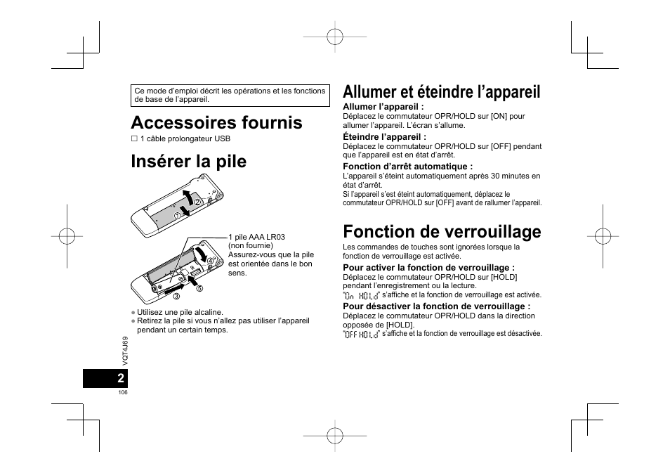 Accessoires fournis insérer la pile | Panasonic RRXS350E User Manual | Page 106 / 178