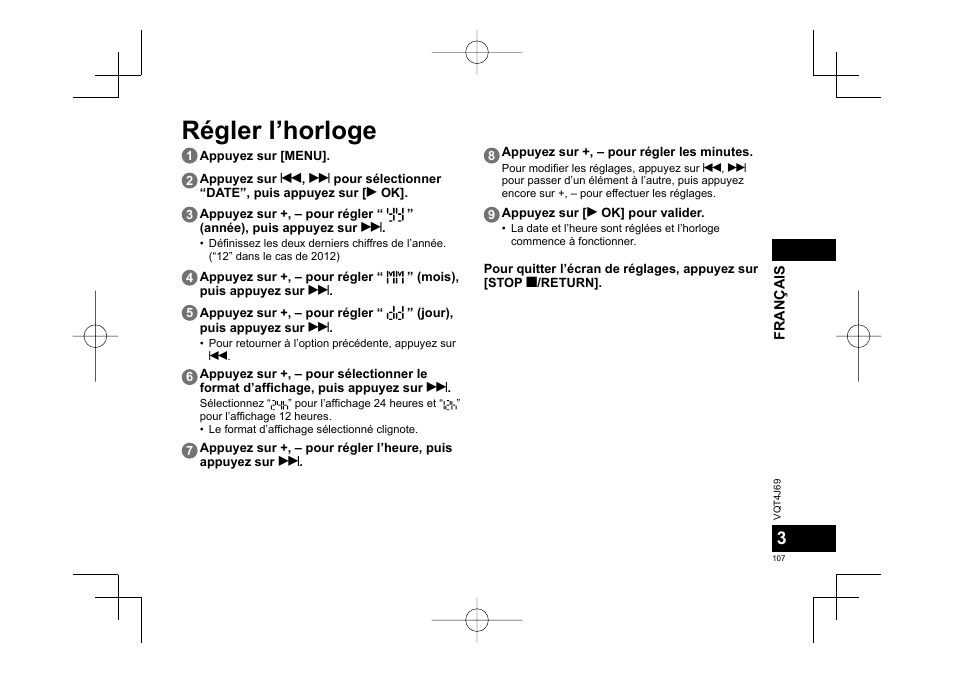 Régler l’horloge | Panasonic RRXS350E User Manual | Page 107 / 178