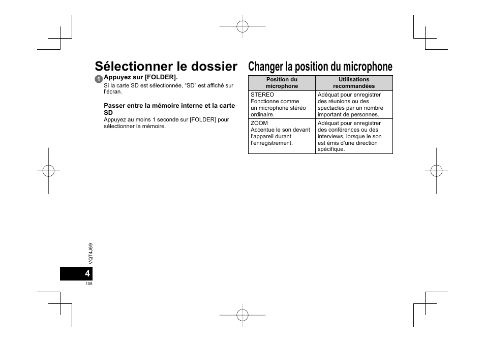 Sélectionner le dossier, Changer la position du microphone | Panasonic RRXS350E User Manual | Page 108 / 178