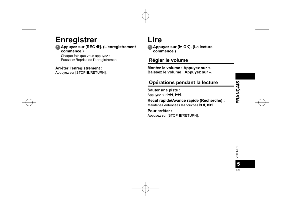 Enregistrer, Lire | Panasonic RRXS350E User Manual | Page 109 / 178