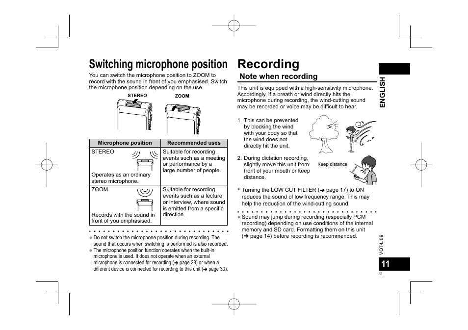 Recording, Switching microphone position | Panasonic RRXS350E User Manual | Page 11 / 178