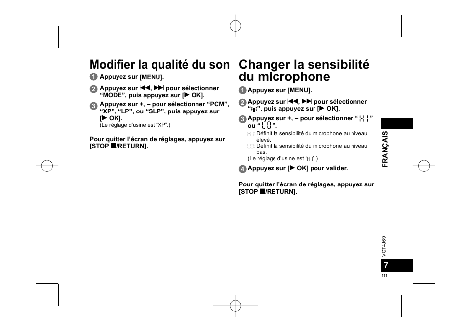 Modifier la qualité du son, Changer la sensibilité du microphone | Panasonic RRXS350E User Manual | Page 111 / 178