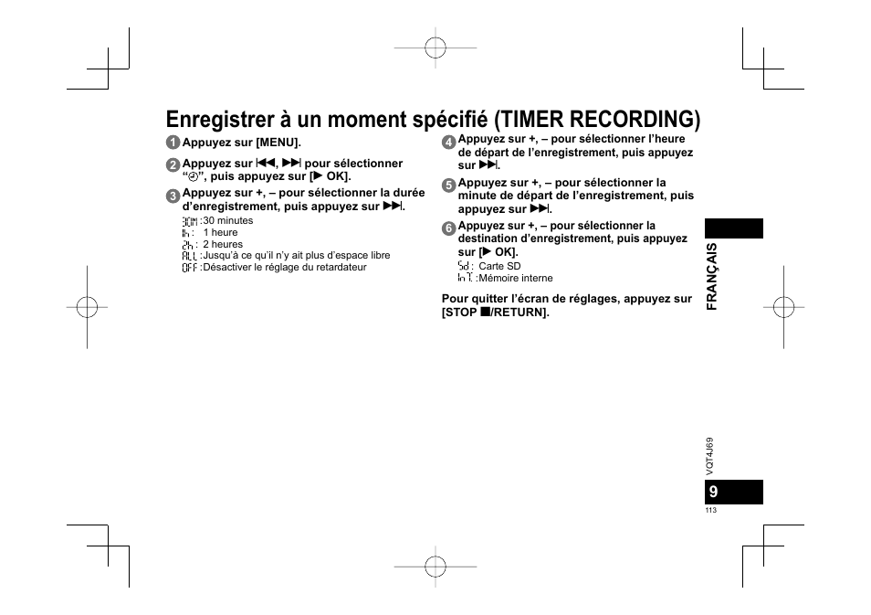 Enregistrer à un moment spécifié (timer recording) | Panasonic RRXS350E User Manual | Page 113 / 178