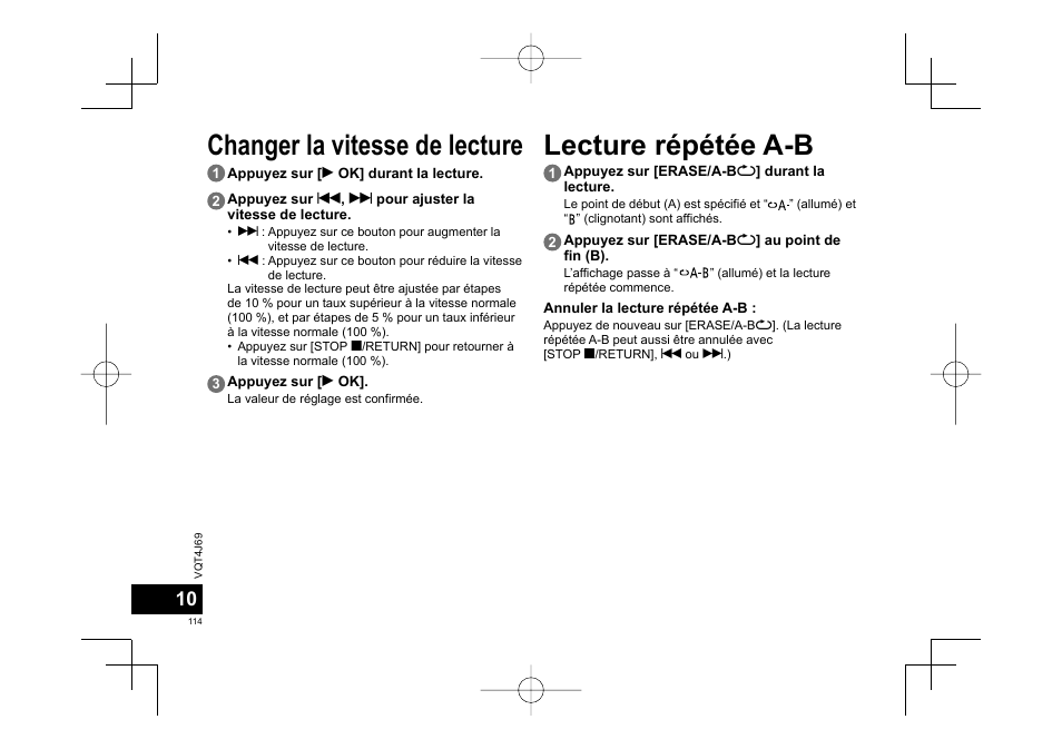 Changer la vitesse de lecture lecture répétée a-b | Panasonic RRXS350E User Manual | Page 114 / 178