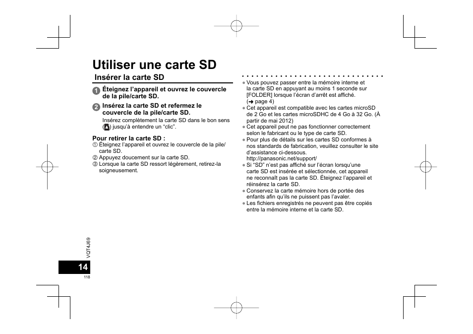 Utiliser une carte sd, Insérer la carte sd | Panasonic RRXS350E User Manual | Page 118 / 178