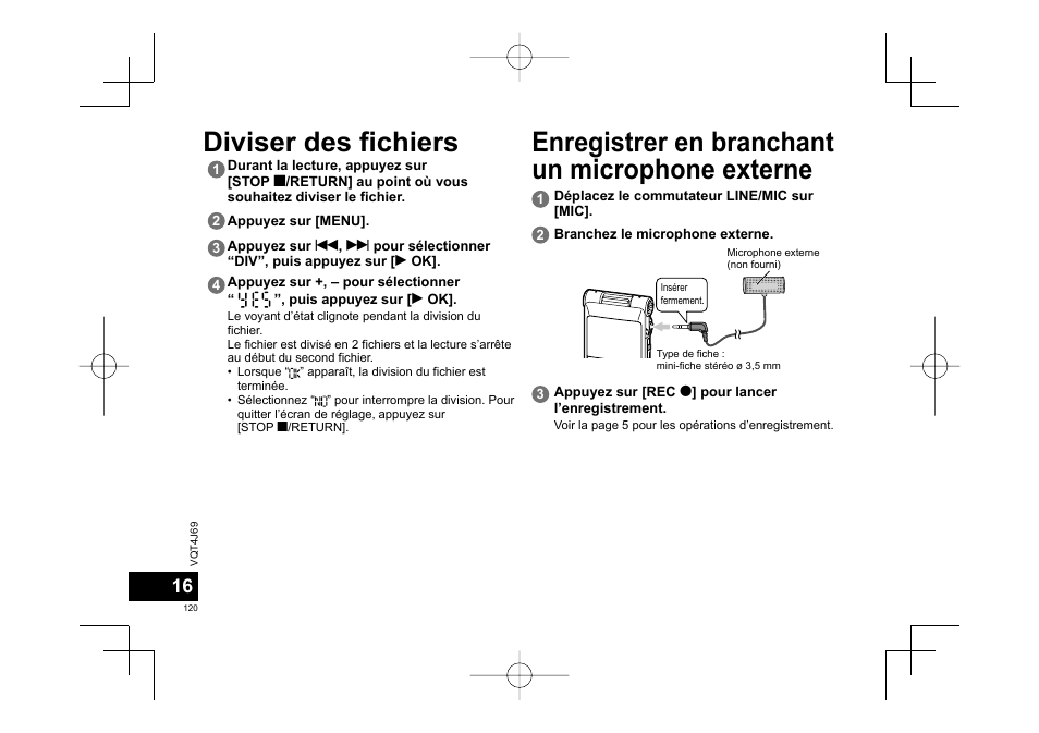 Diviser des fichiers, Enregistrer en branchant un microphone externe | Panasonic RRXS350E User Manual | Page 120 / 178