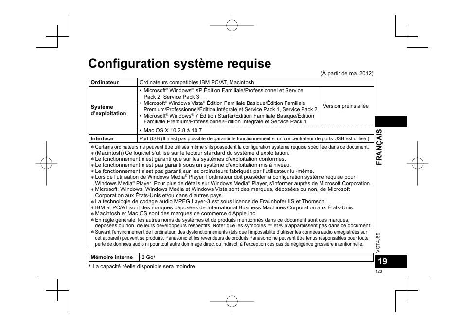 Configuration système requise | Panasonic RRXS350E User Manual | Page 123 / 178