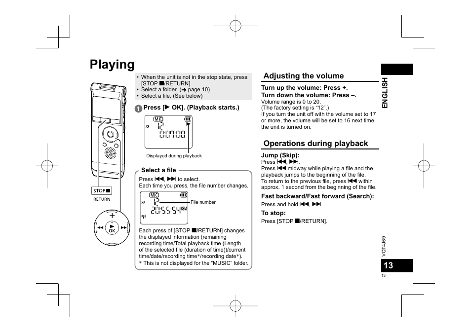 Playing, Adjusting the volume, Operations during playback | Panasonic RRXS350E User Manual | Page 13 / 178