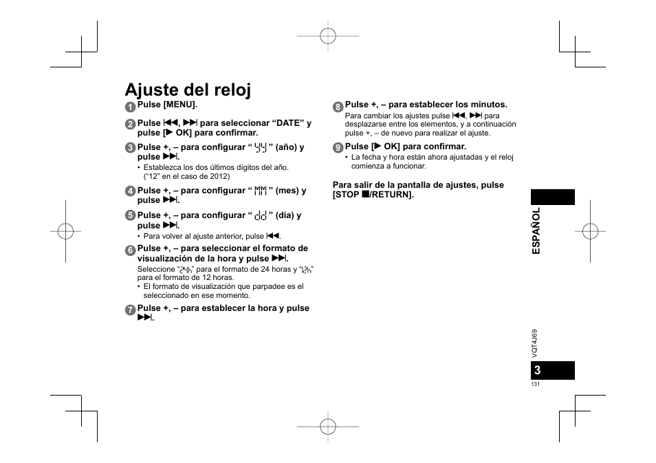 Ajuste del reloj | Panasonic RRXS350E User Manual | Page 131 / 178