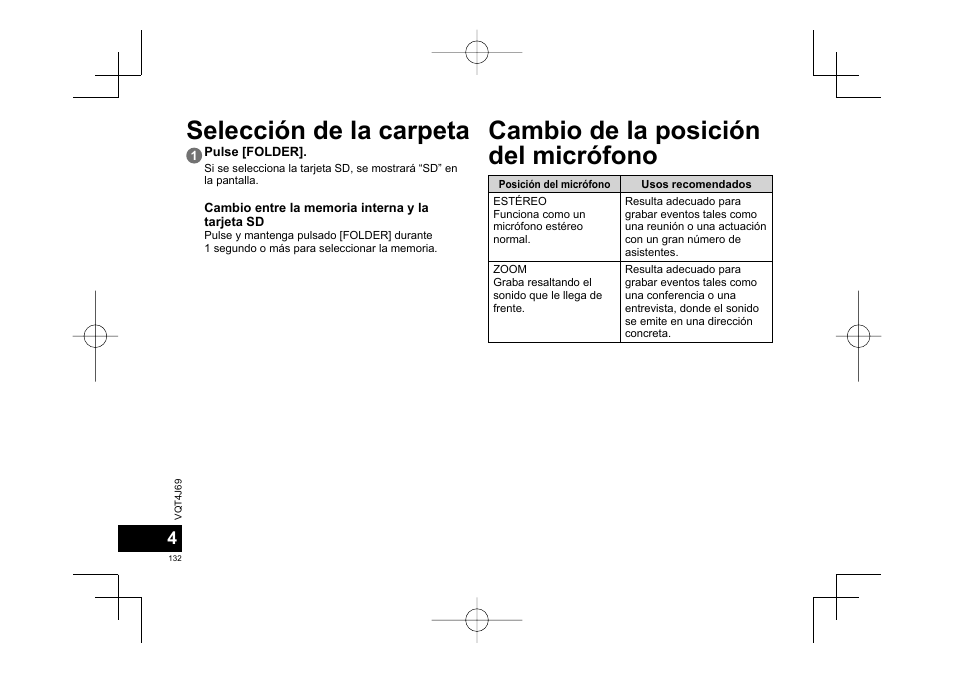 Selección de la carpeta, Cambio de la posición del micrófono | Panasonic RRXS350E User Manual | Page 132 / 178