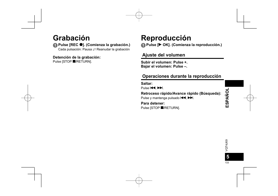 Grabación, Reproducción | Panasonic RRXS350E User Manual | Page 133 / 178