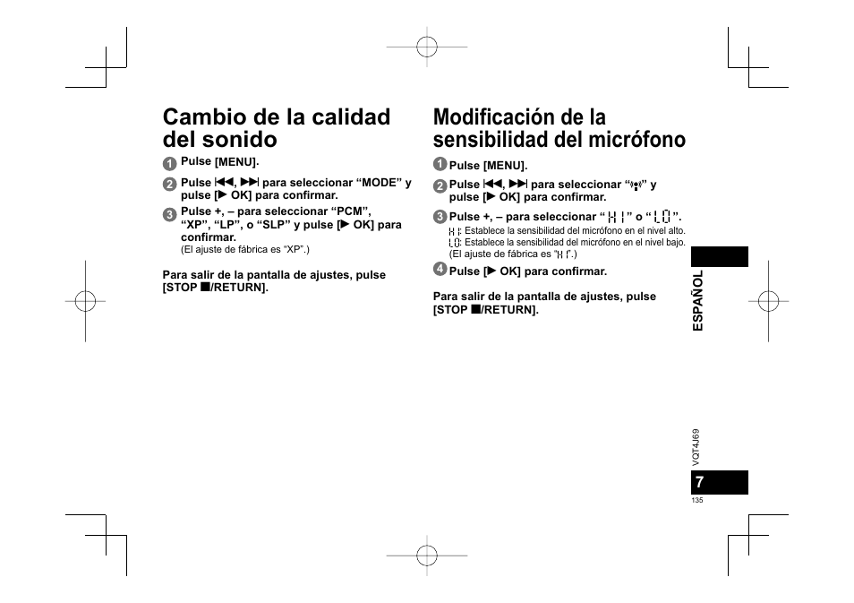 Cambio de la calidad del sonido, Modificación de la sensibilidad del micrófono | Panasonic RRXS350E User Manual | Page 135 / 178