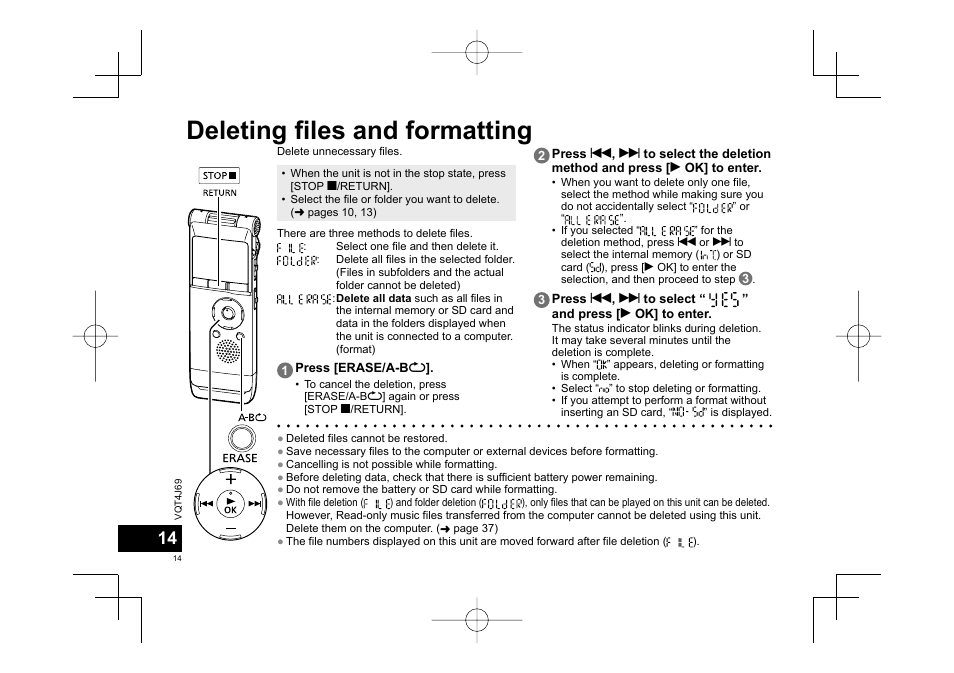 Deleting files and formatting | Panasonic RRXS350E User Manual | Page 14 / 178