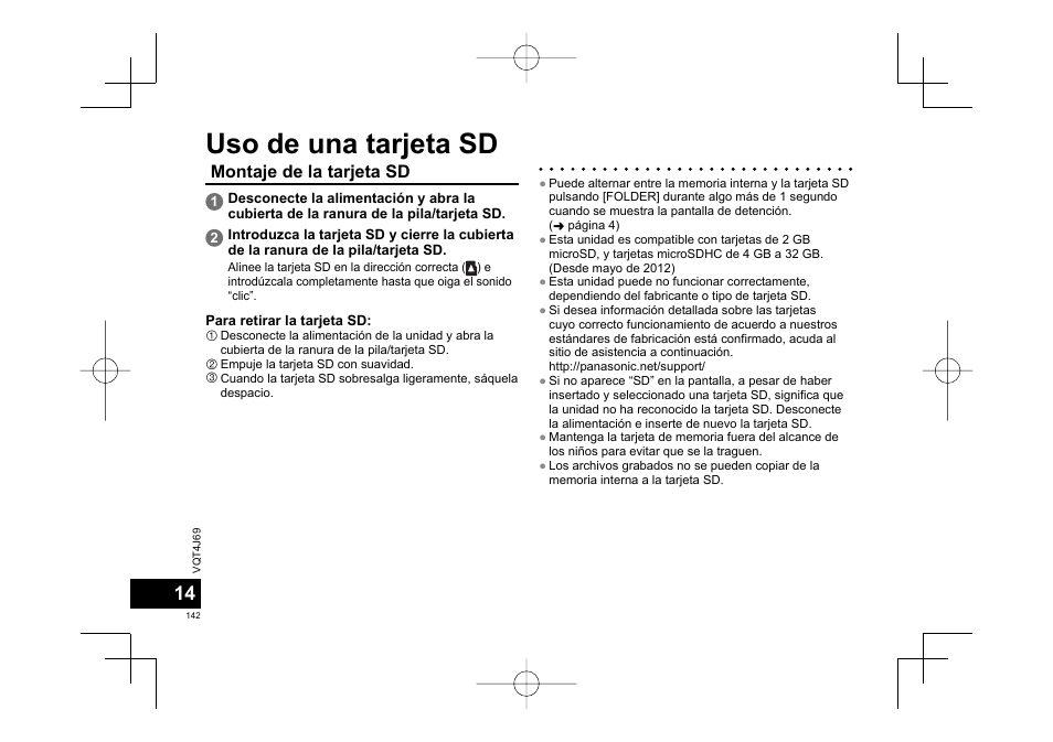 Uso de una tarjeta sd, Montaje de la tarjeta sd | Panasonic RRXS350E User Manual | Page 142 / 178