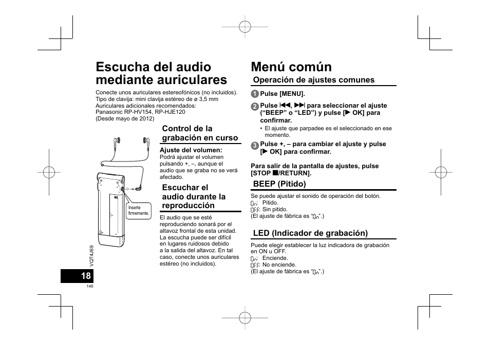 Escucha del audio mediante auriculares, Menú común | Panasonic RRXS350E User Manual | Page 146 / 178