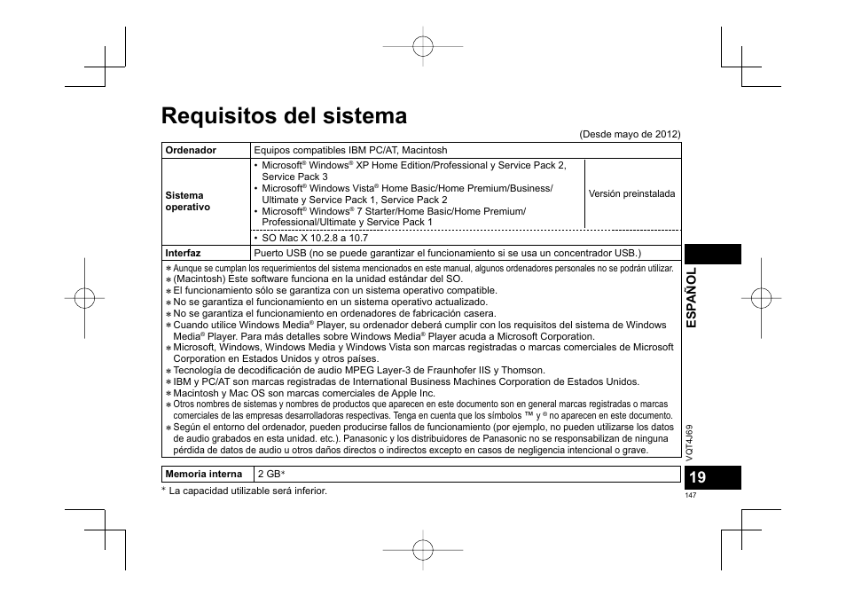 Requisitos del sistema | Panasonic RRXS350E User Manual | Page 147 / 178