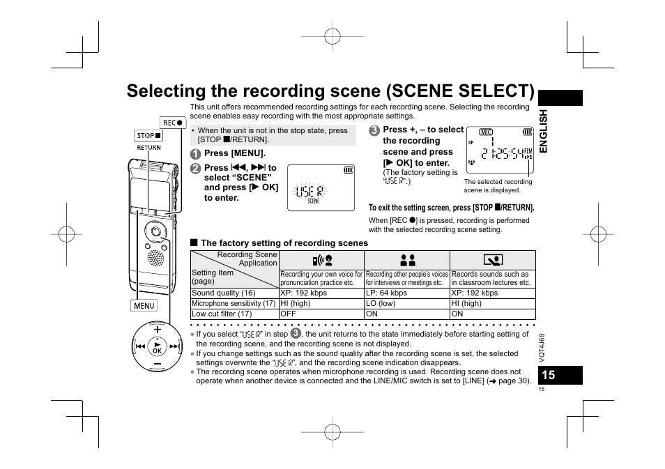 Selecting the recording scene (scene select) | Panasonic RRXS350E User Manual | Page 15 / 178