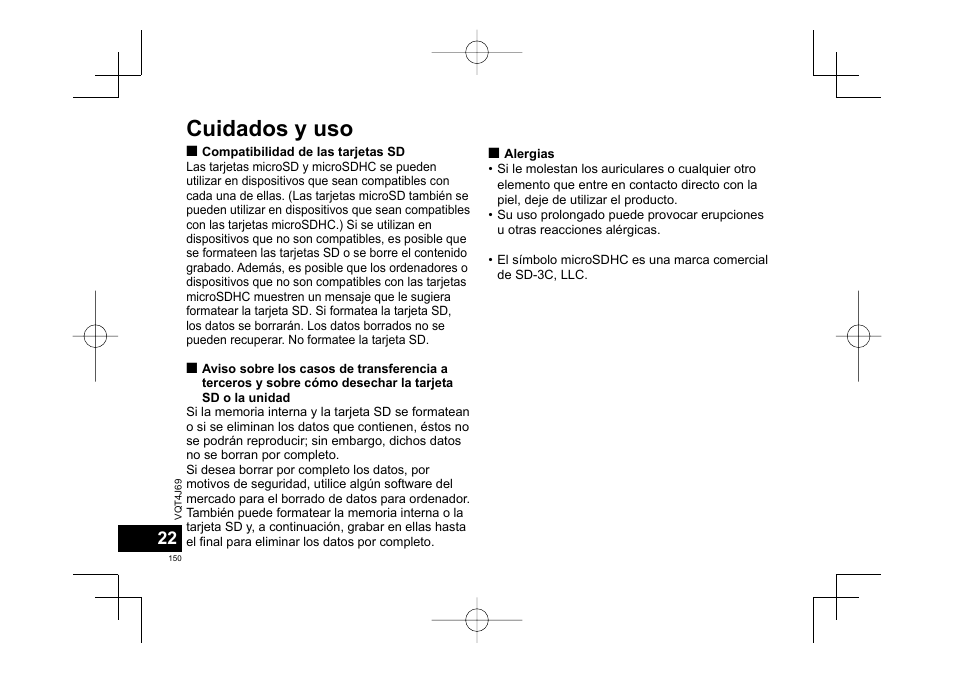 Cuidados y uso | Panasonic RRXS350E User Manual | Page 150 / 178