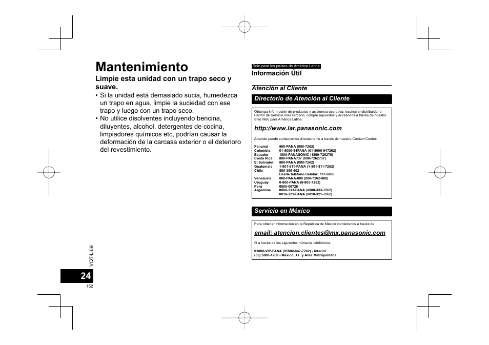 Mantenimiento, Limpie esta unidad con un trapo seco y suave, Información útil | Panasonic RRXS350E User Manual | Page 152 / 178