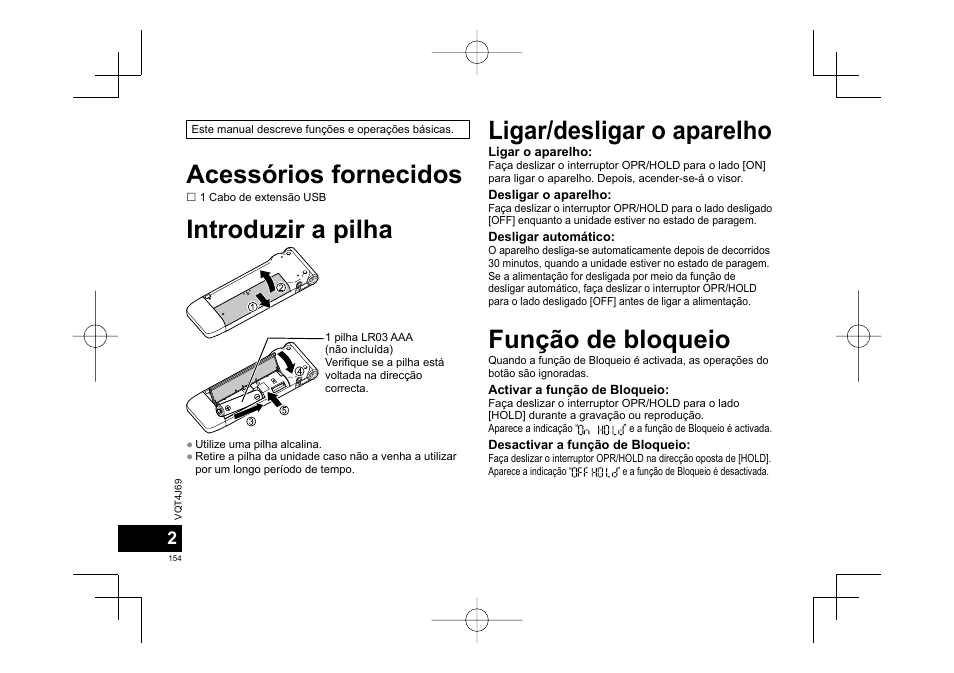 Acessórios fornecidos introduzir a pilha, Ligar/desligar o aparelho função de bloqueio | Panasonic RRXS350E User Manual | Page 154 / 178