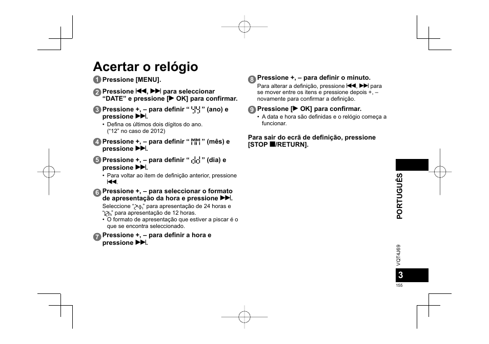 Acertar o relógio | Panasonic RRXS350E User Manual | Page 155 / 178