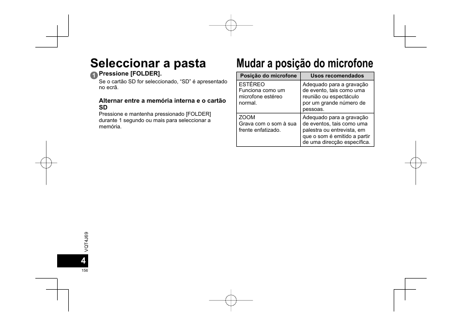 Seleccionar a pasta, Mudar a posição do microfone | Panasonic RRXS350E User Manual | Page 156 / 178