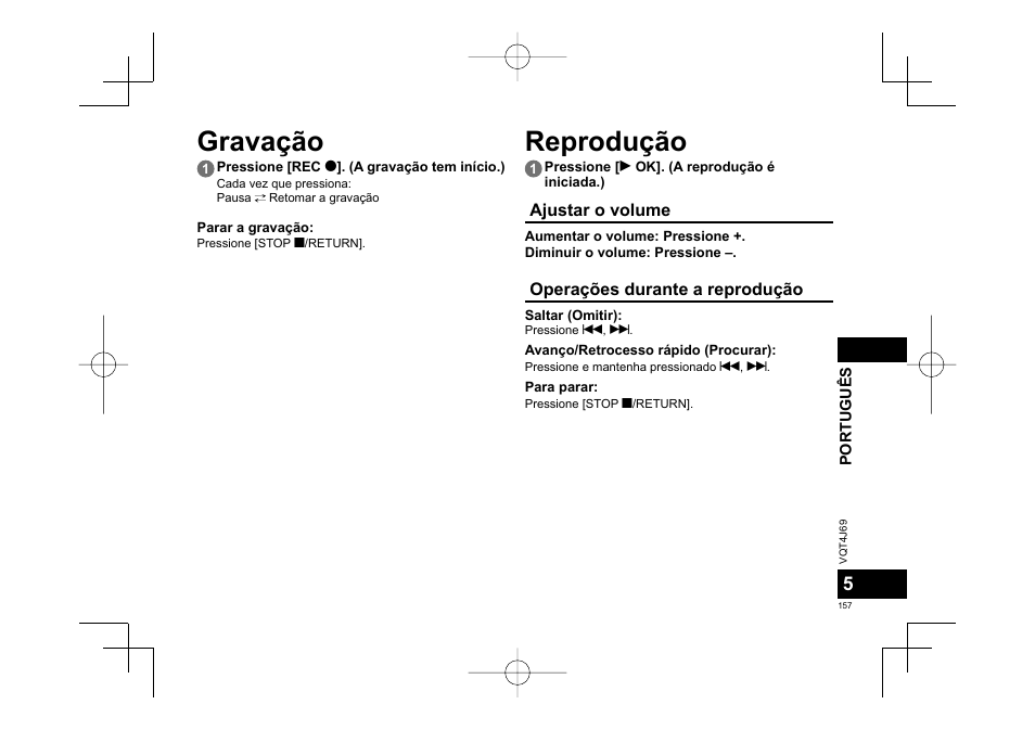 Gravação, Reprodução | Panasonic RRXS350E User Manual | Page 157 / 178